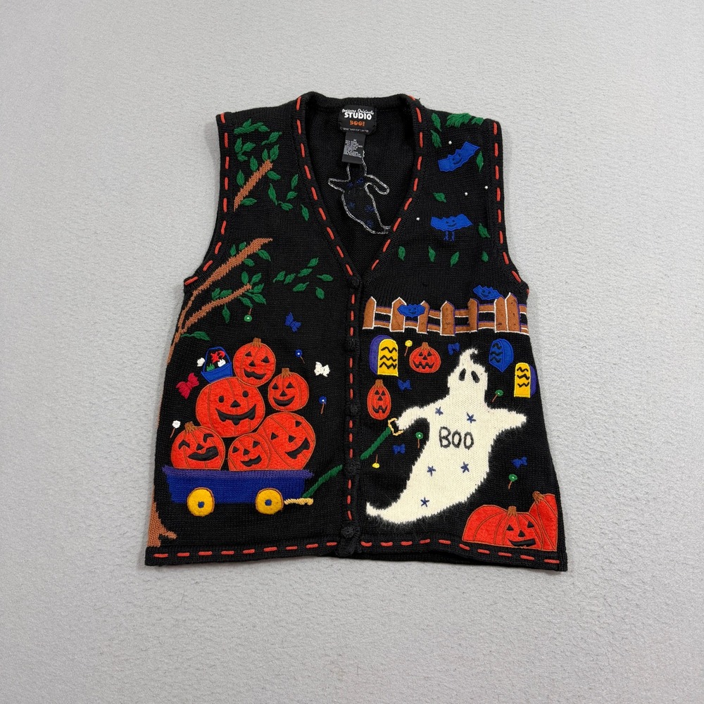 Designers Originals Studio Sweater Vest Women Medium Black Halloween Ghost Boo